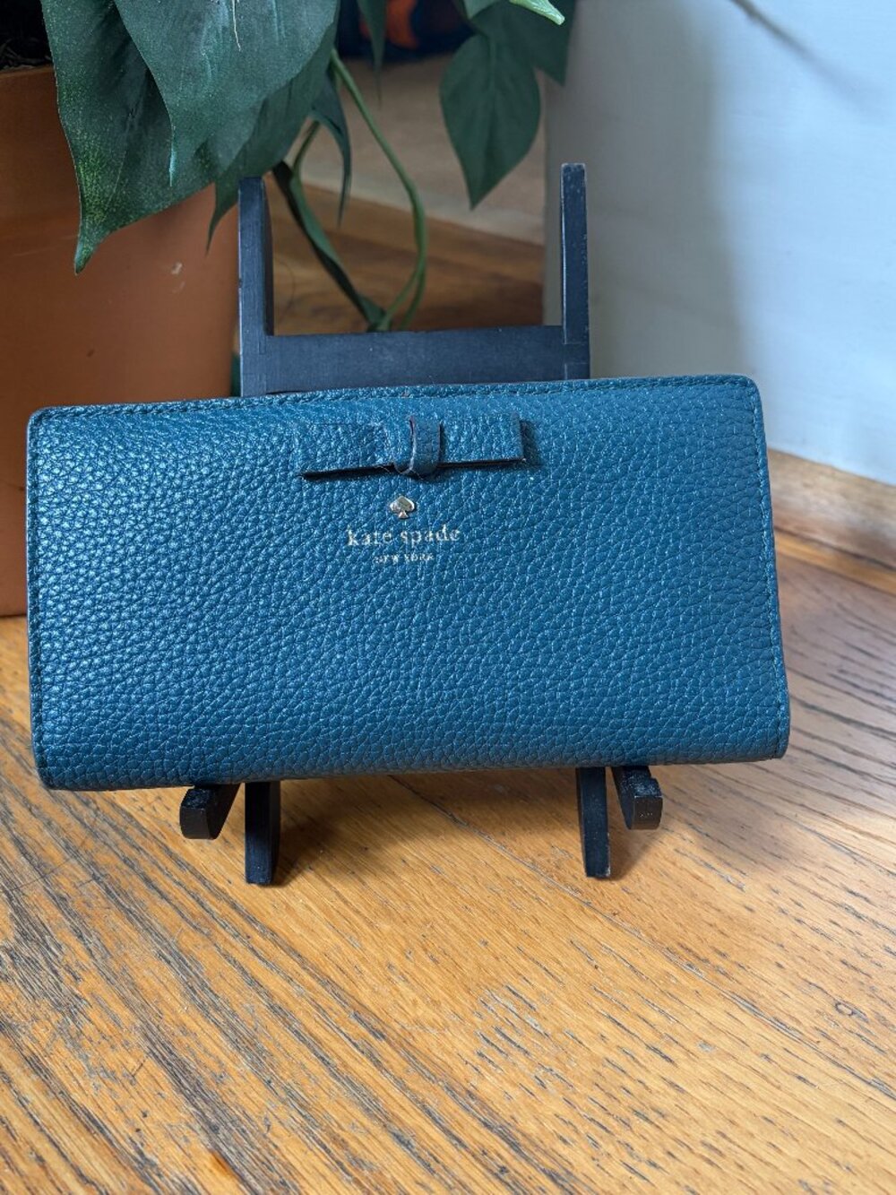 Kate Spade Stacy Dark Teal Leather Wallet with Bow Accent Snap Closure